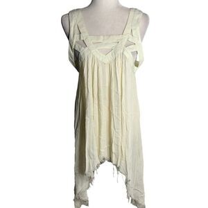 Penelope Babydoll Tunic Top Mini Dress L Cream Strappy Handkerchief Raw Hem